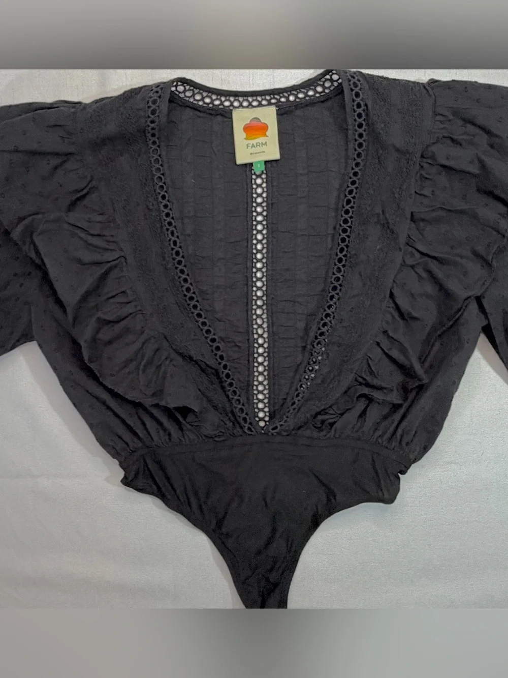 Farm Rip Blk Lace Eyelet Dot Ruffle Bodysuit Blouse Deep V Neck Puff Sleeve Sz